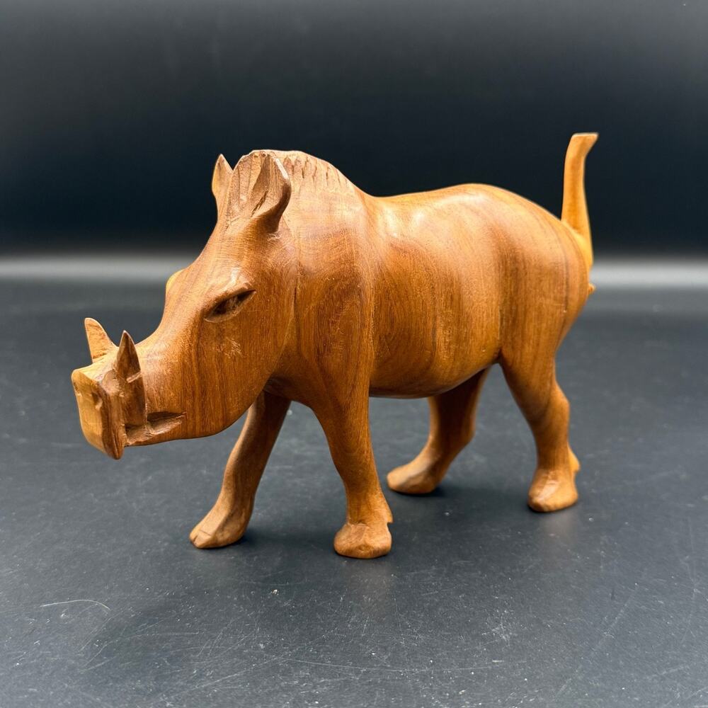 Vintage Hand Carved Wooden Warthog Figurine African Folk Art Collectible